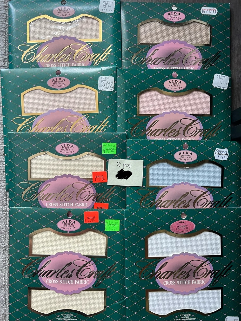 8 pcs lot of DMC Charles Craft 14 Count AIDA blue pink blush white ivory beige